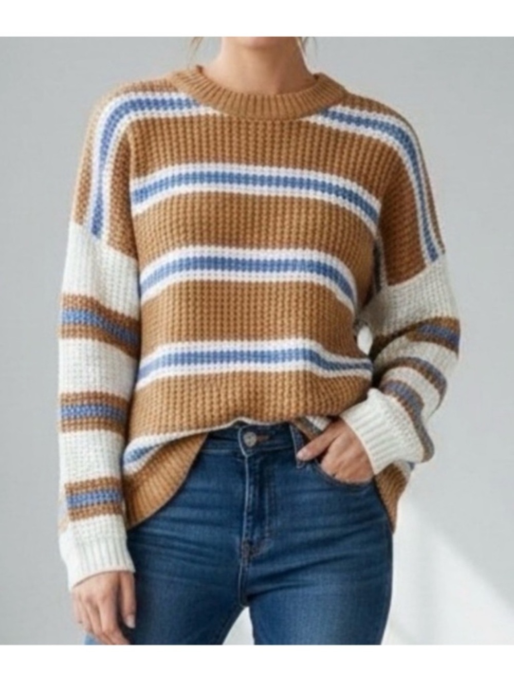 Crewneck Striped Knit Sweater - Brown/Orange, White, Blue